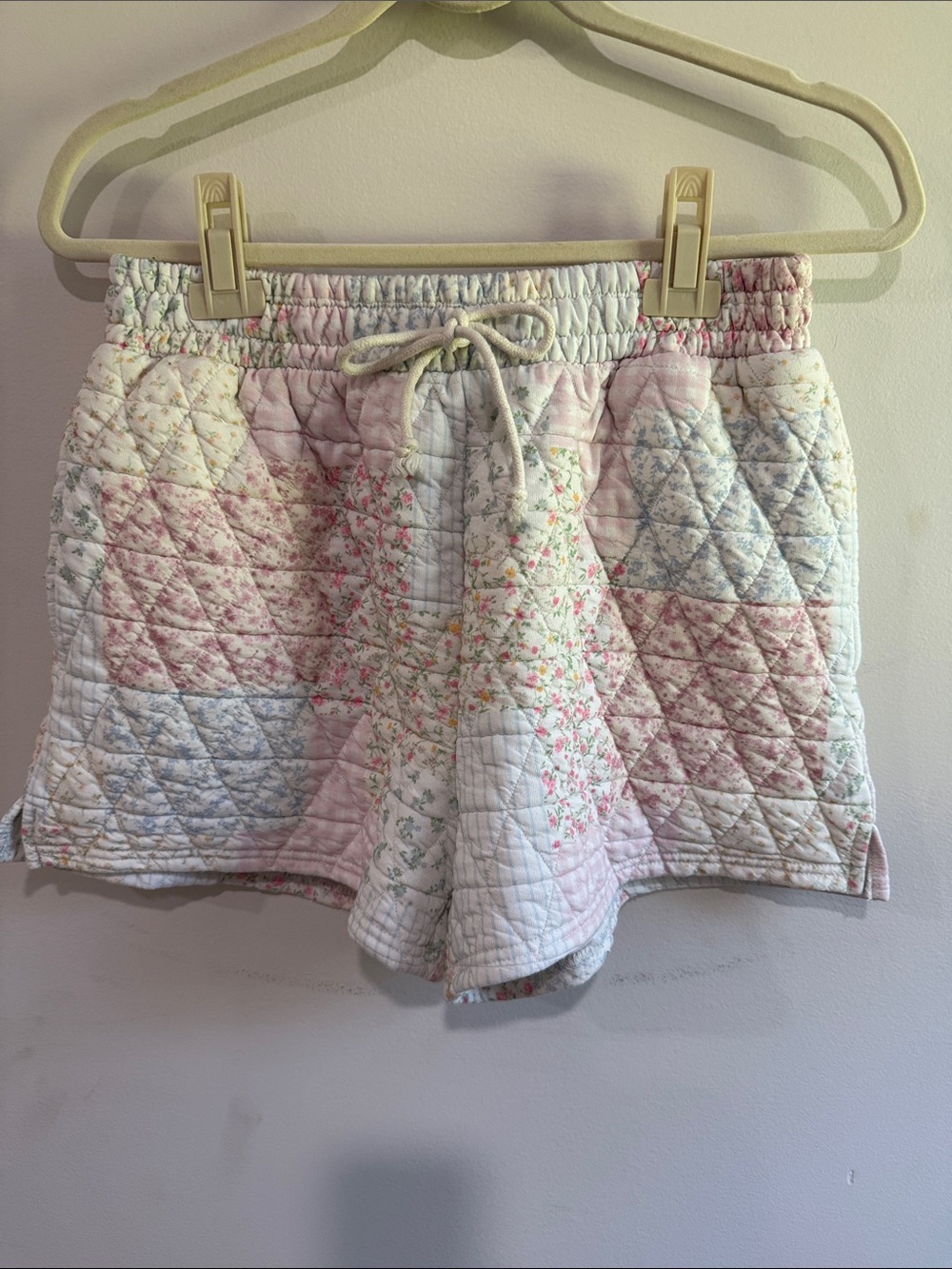J.O.A. Quilted Patchwork Floral Drawstring Shorts in Pink and Light Blue